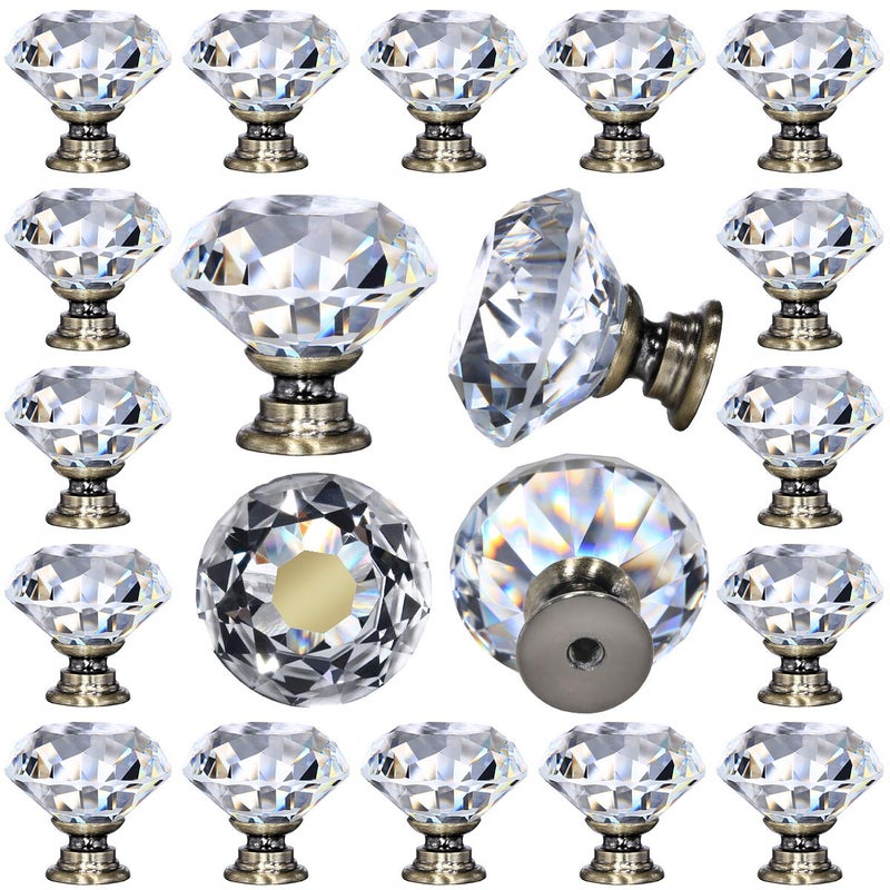 DEELF OUTLET 12 Packs Crystal Cabinet Knobs Drawer Pulls and Knobs Diamond Dresser Handles Crystal Pulls for Drawers - 30 mm Clear Glass Cabinet Knob with Bronze Base - Image 1